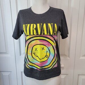 NIRVANA Tie-Dye Circle Smiley Face Band Girls' T-Shirt sz XS EUC Alt Rock Grunge